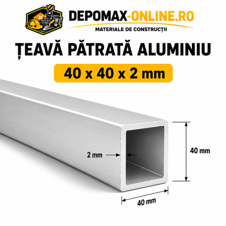Teava patrata aluminiu 40 x 40 x 2 mm, 6 metri (EN AW-6060)